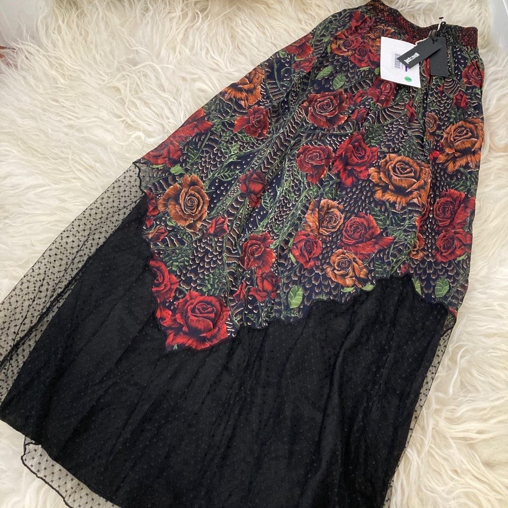 Just Cavalli Black Midi Dress with Red & Brown Rose Print NWT - Picture 4 of 8